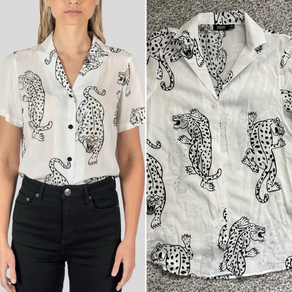 Short-Sleeve White Button-Down Shirt with Black Leopard Print